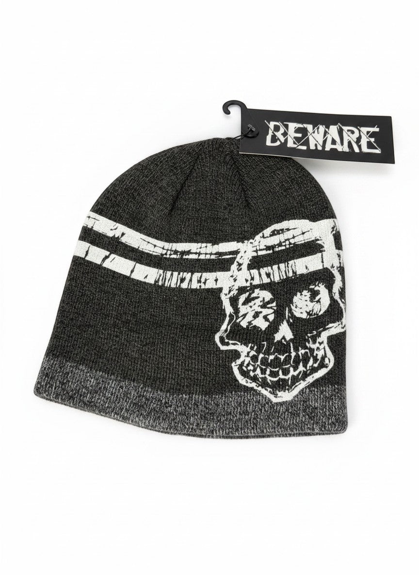 Beware Skull Knit Beanie Gray/White