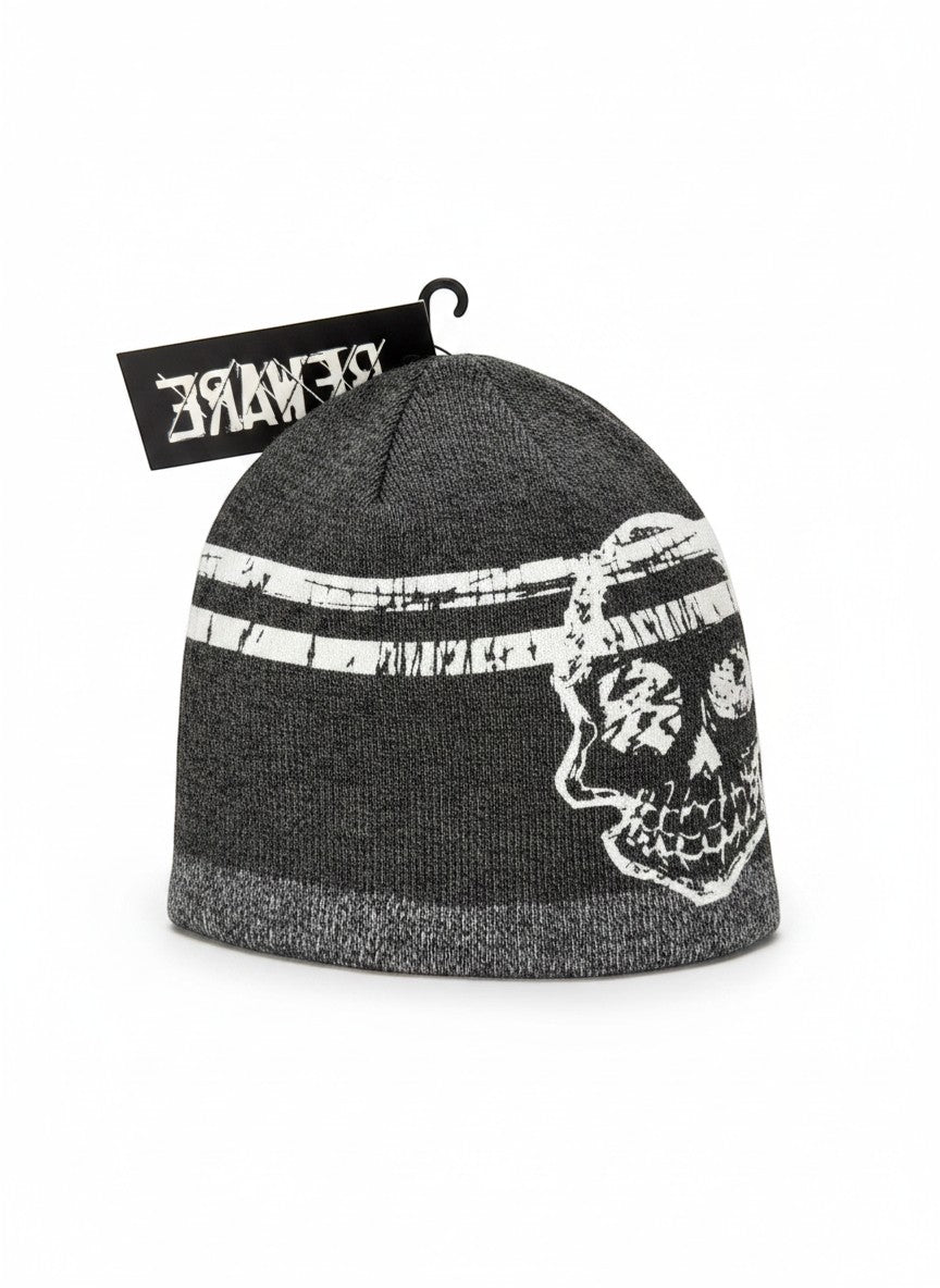 Beware Skull Knit Beanie Gray/White