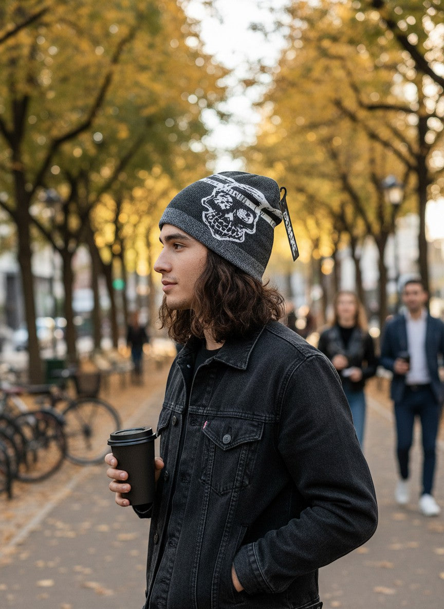 Beware Skull Knit Beanie Gray/White
