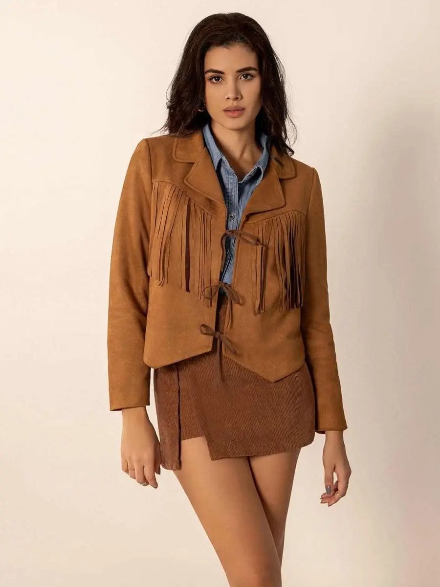 Jackets Trendsi Tied Tassel Jacket Women's Collared Neck Long Sleeve Outerwear - Stylish & Trendy