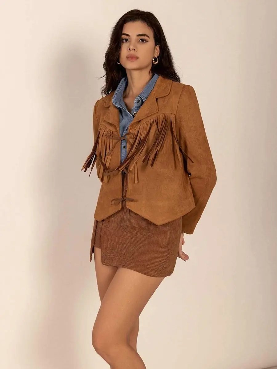 Jackets Trendsi Tied Tassel Jacket Women's Collared Neck Long Sleeve Outerwear - Stylish & Trendy