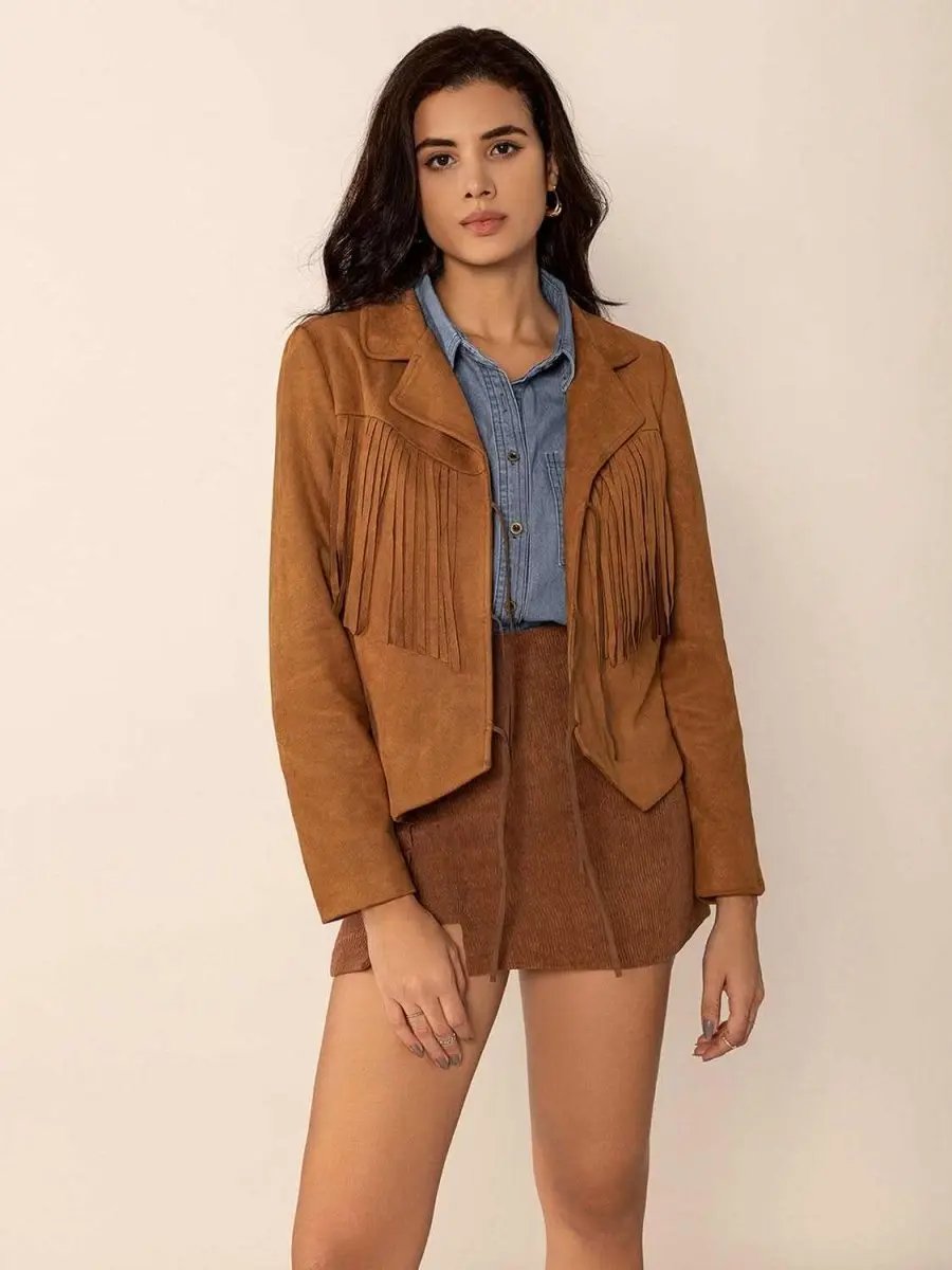 Jackets Trendsi Tied Tassel Jacket Women's Collared Neck Long Sleeve Outerwear - Stylish & Trendy
