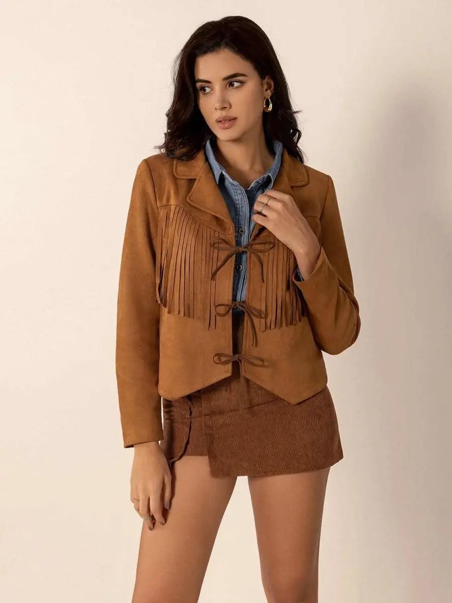 Jackets Trendsi Tied Tassel Jacket Women's Collared Neck Long Sleeve Outerwear - Stylish & Trendy