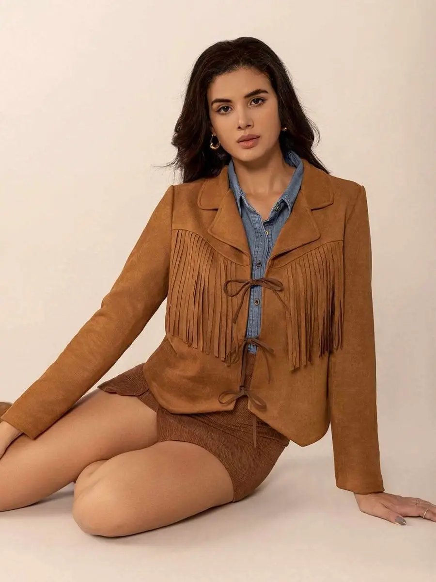 Jackets Trendsi Tied Tassel Jacket Women's Collared Neck Long Sleeve Outerwear - Stylish & Trendy