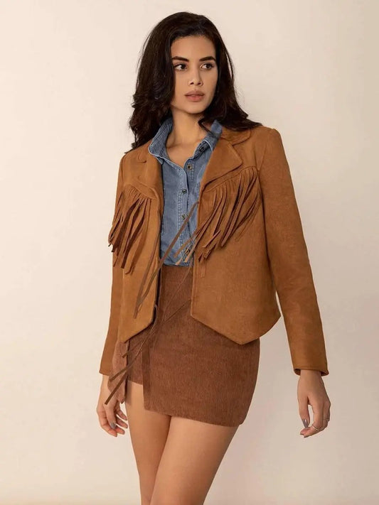 Chaquetas Trendsi Chaqueta de borlas con nudo para mujer, cuello camisero, manga larga, ropa de abrigo - Elegante y a la moda