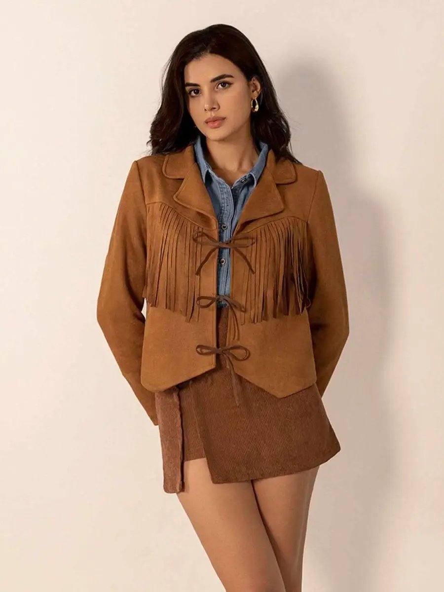 Jackets Trendsi Tied Tassel Jacket Women's Collared Neck Long Sleeve Outerwear - Stylish & Trendy