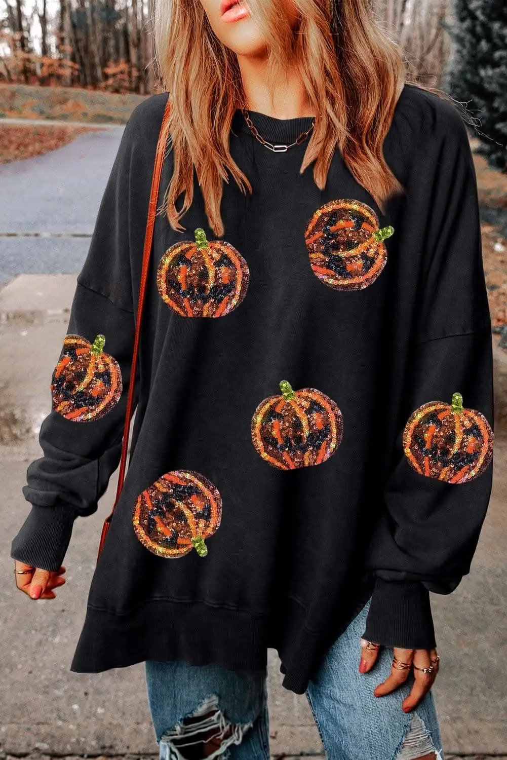 T-Shirts Trendsi Sequin pumpkin oversized sweatshirt - Premium Quality