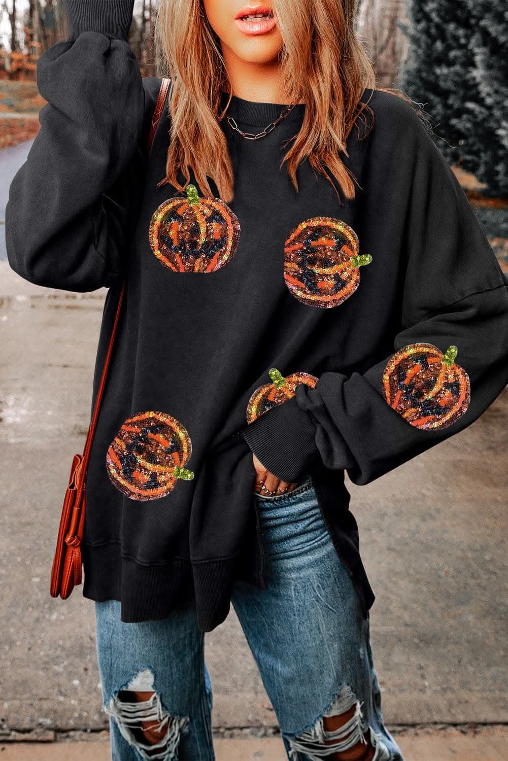 T-Shirts Trendsi Sequin pumpkin oversized sweatshirt - Premium Quality