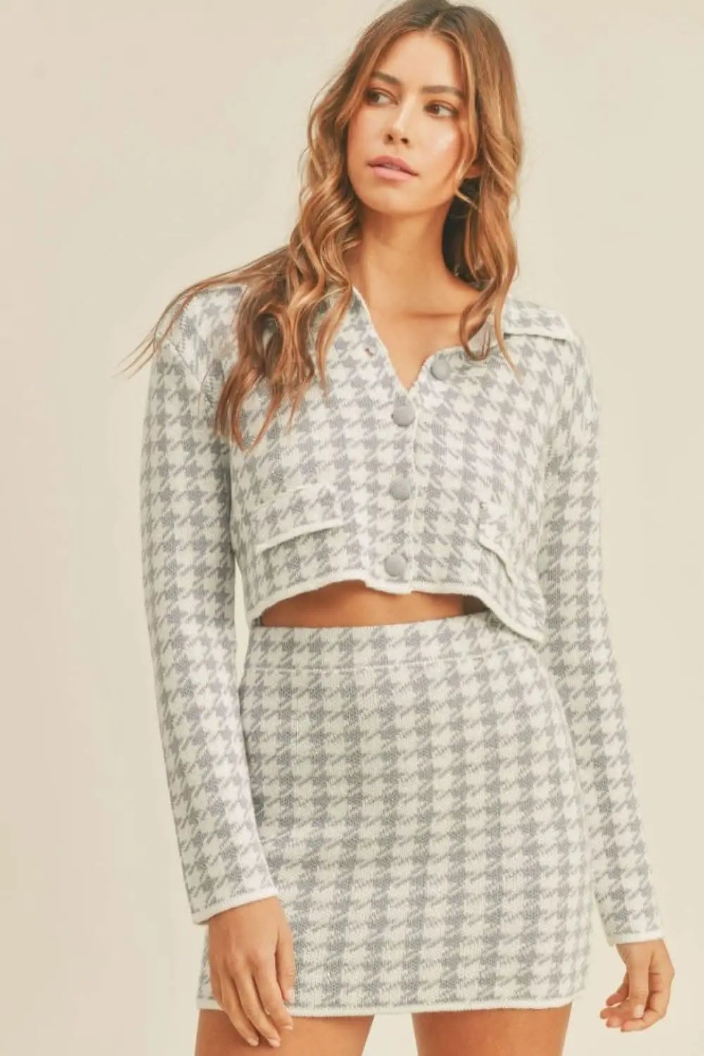 Trendsi Women's Houndstooth Knit Set — Matching Sweater & Skirt Outfit