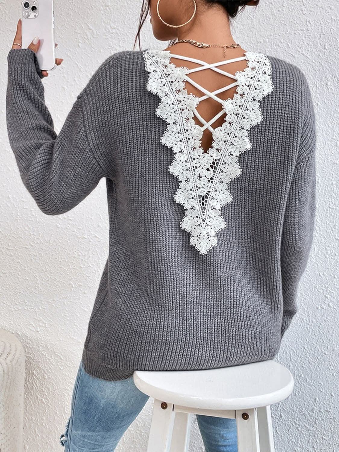 Sweaters Trendsi Lace crisscross v-neck sweater
