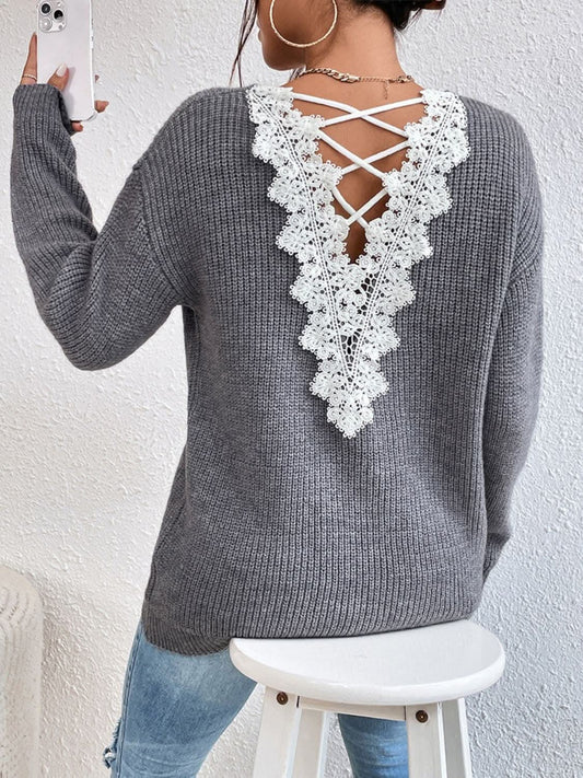 Sweaters Trendsi Lace crisscross v-neck sweater