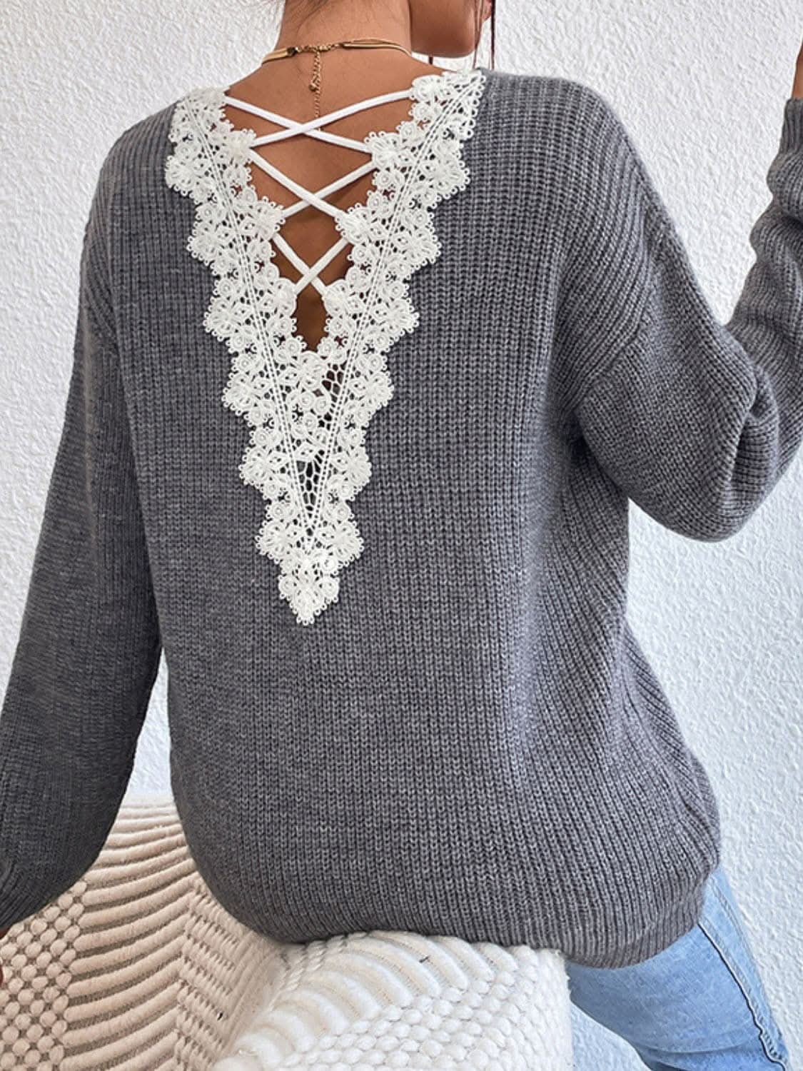 Sweaters Trendsi Lace crisscross v-neck sweater