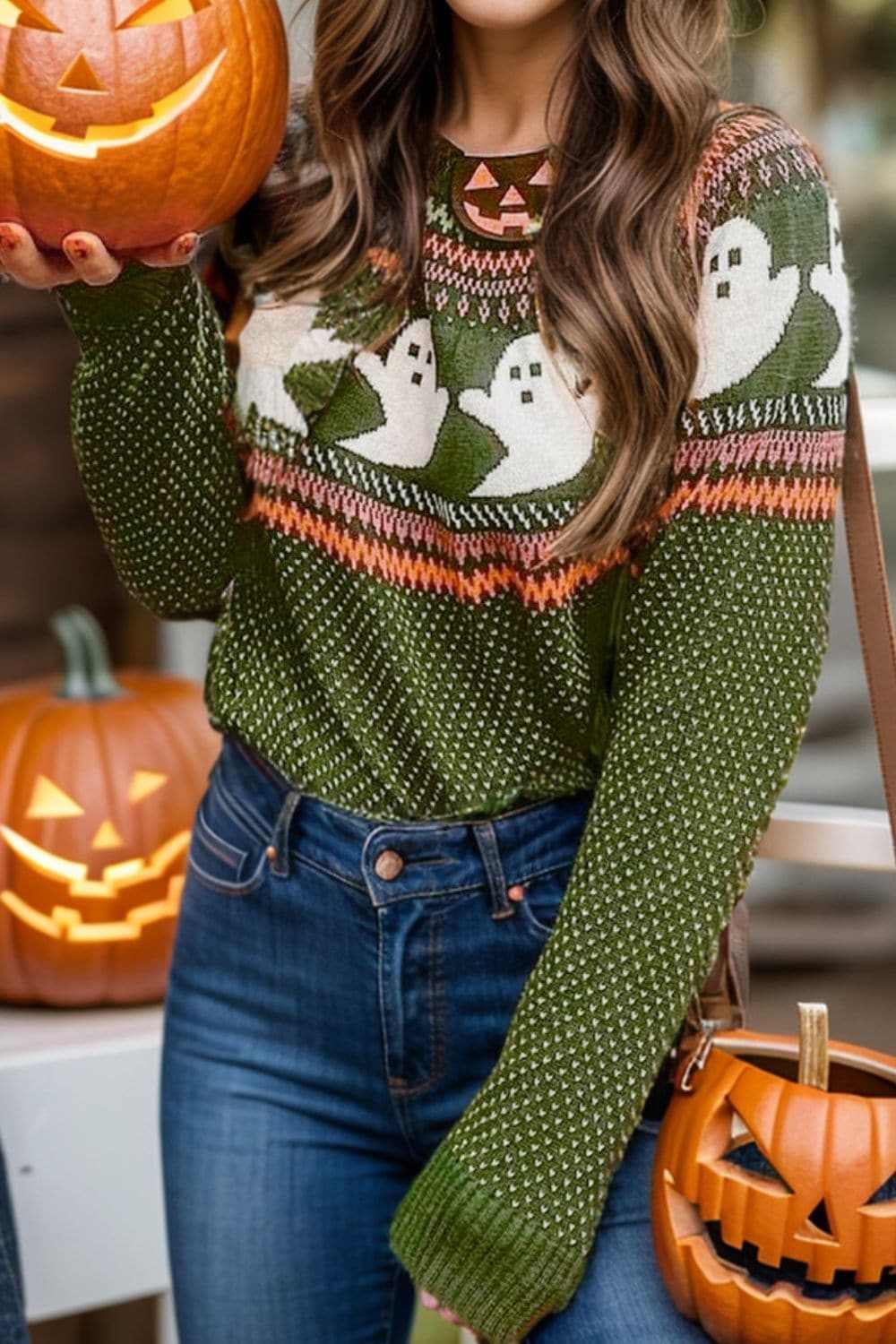 Trendsi Ghost Print Sweater Long Sleeve — Cozy Knit Top