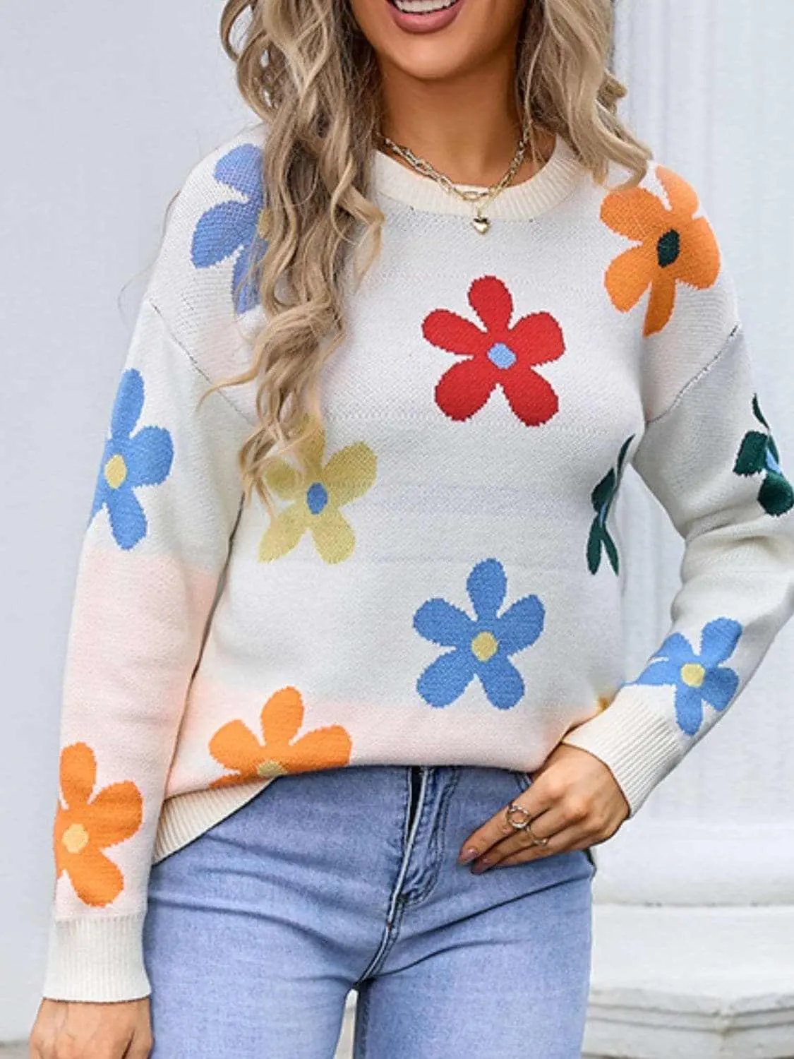 Sweaters Trendsi Floral Knit Sweater - Long Sleeve