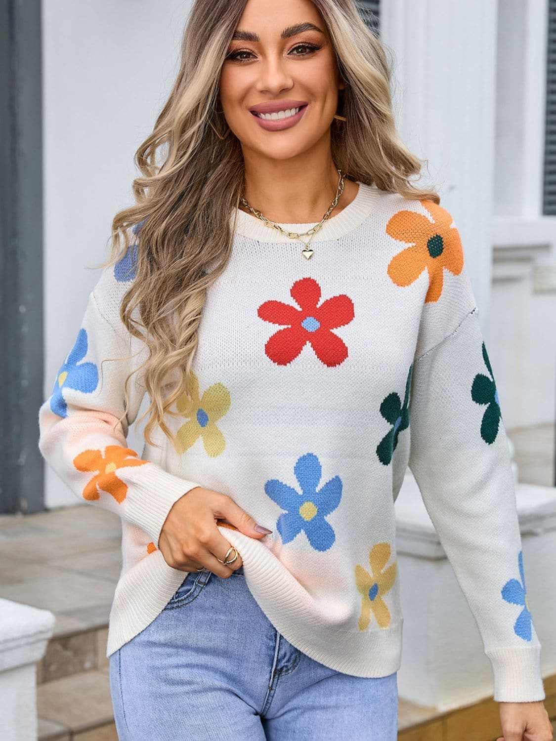 Sweaters Trendsi Floral Knit Sweater - Long Sleeve