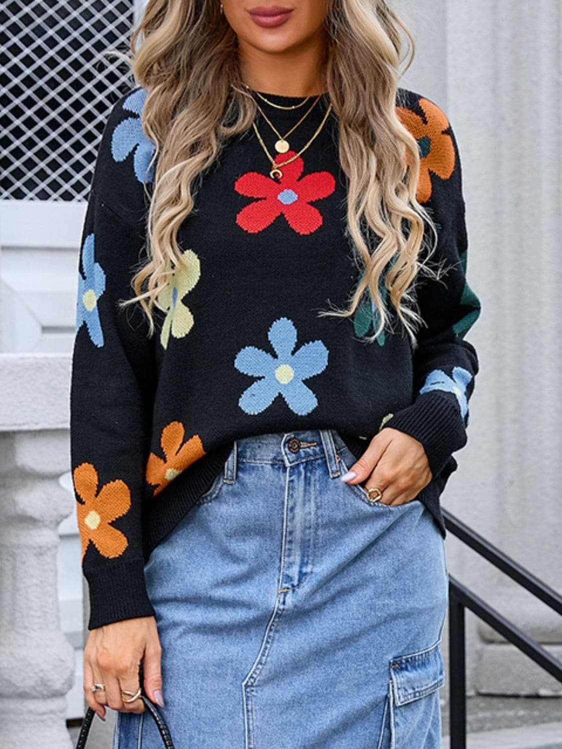 Sweaters Trendsi Floral Knit Sweater - Long Sleeve