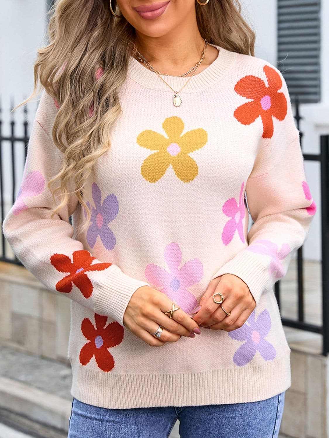 Sweaters Trendsi Floral Knit Sweater - Long Sleeve