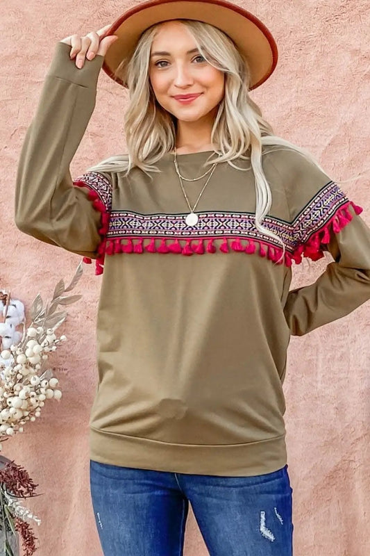 Blusa de mujer - Borlas ligeras - Estilo bohemio étnico