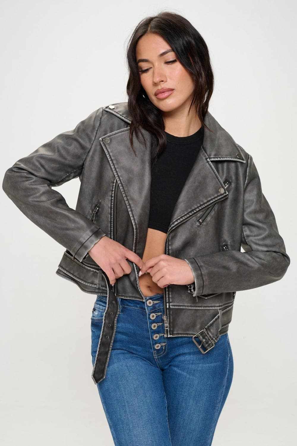 Jackets Trendsi Chic vegan leather biker jacket