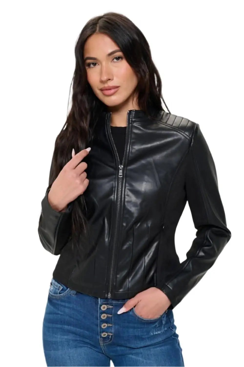 Jackets Trendsi Chic vegan leather zip-up moto jacket