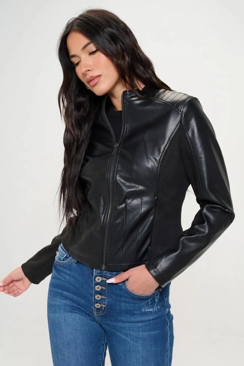 Jackets Trendsi Chic vegan leather zip-up moto jacket