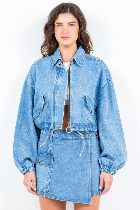 Trendsi Women's Cropped Denim Jacket With Drawstring Waist