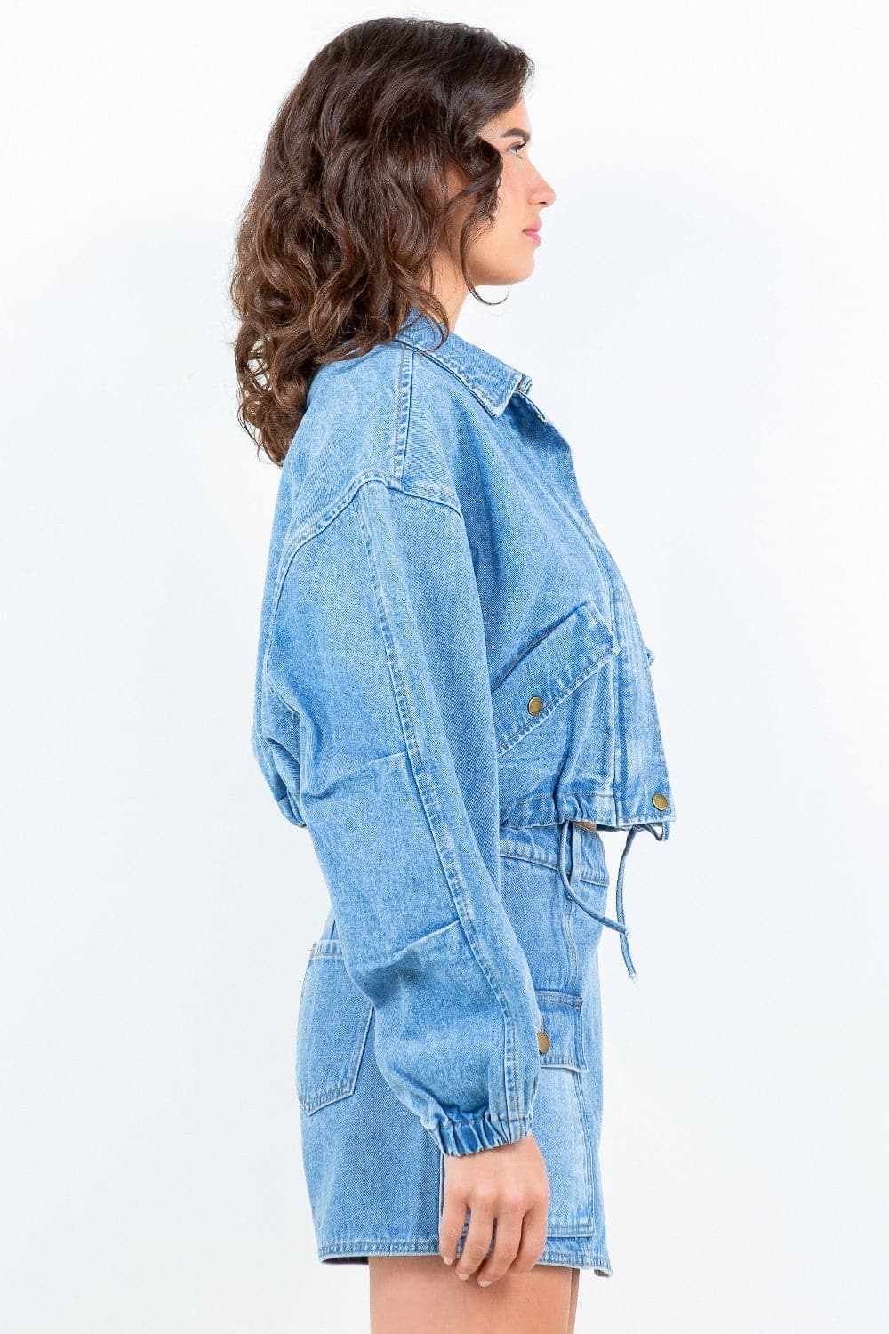 Trendsi Women's Cropped Denim Jacket With Drawstring Waist
