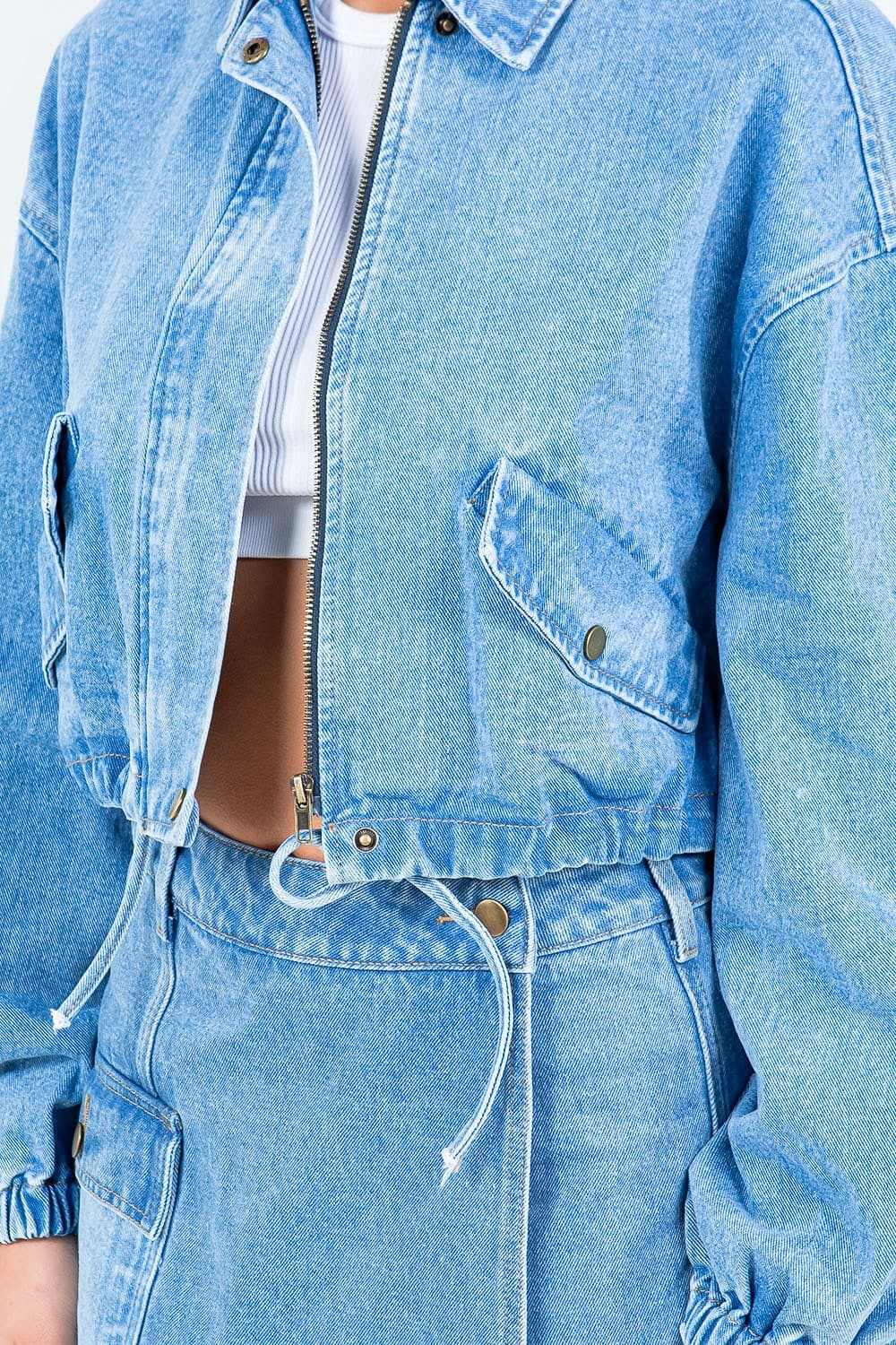 Trendsi Women's Cropped Denim Jacket With Drawstring Waist