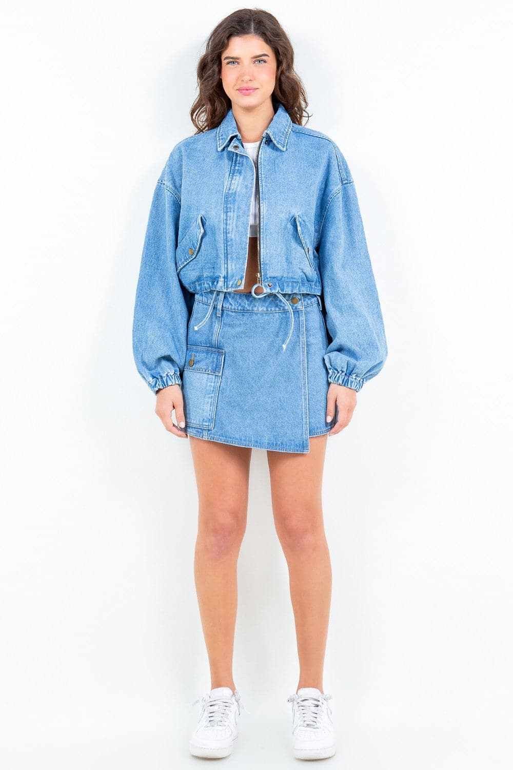 Trendsi Women's Cropped Denim Jacket With Drawstring Waist