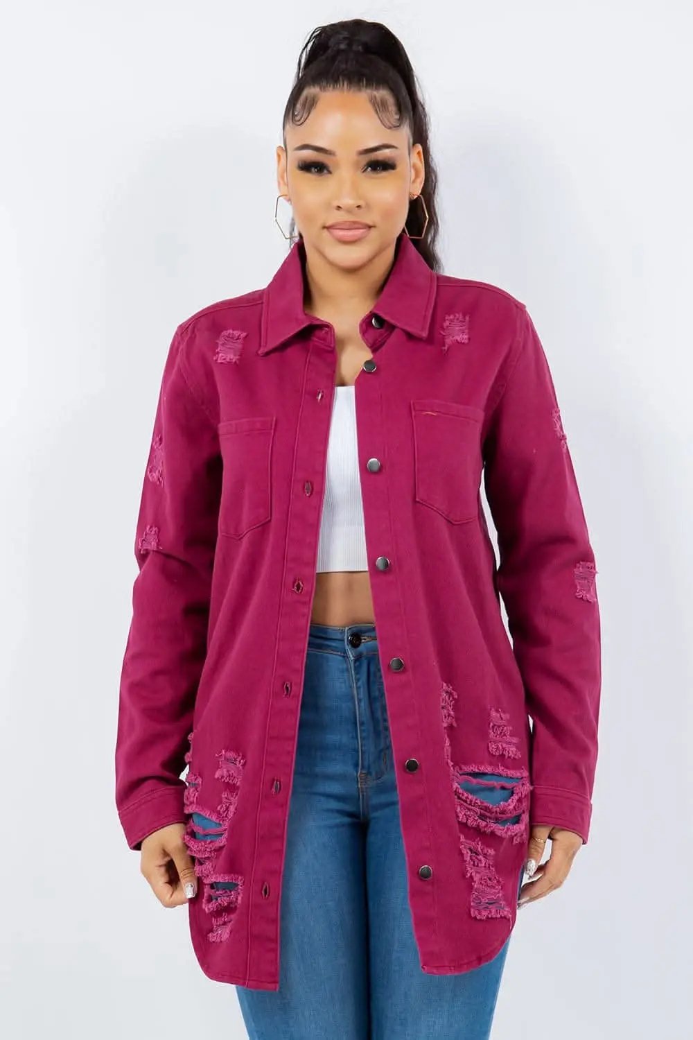 Shirts Trendsi Distressed denim long sleeve jacket