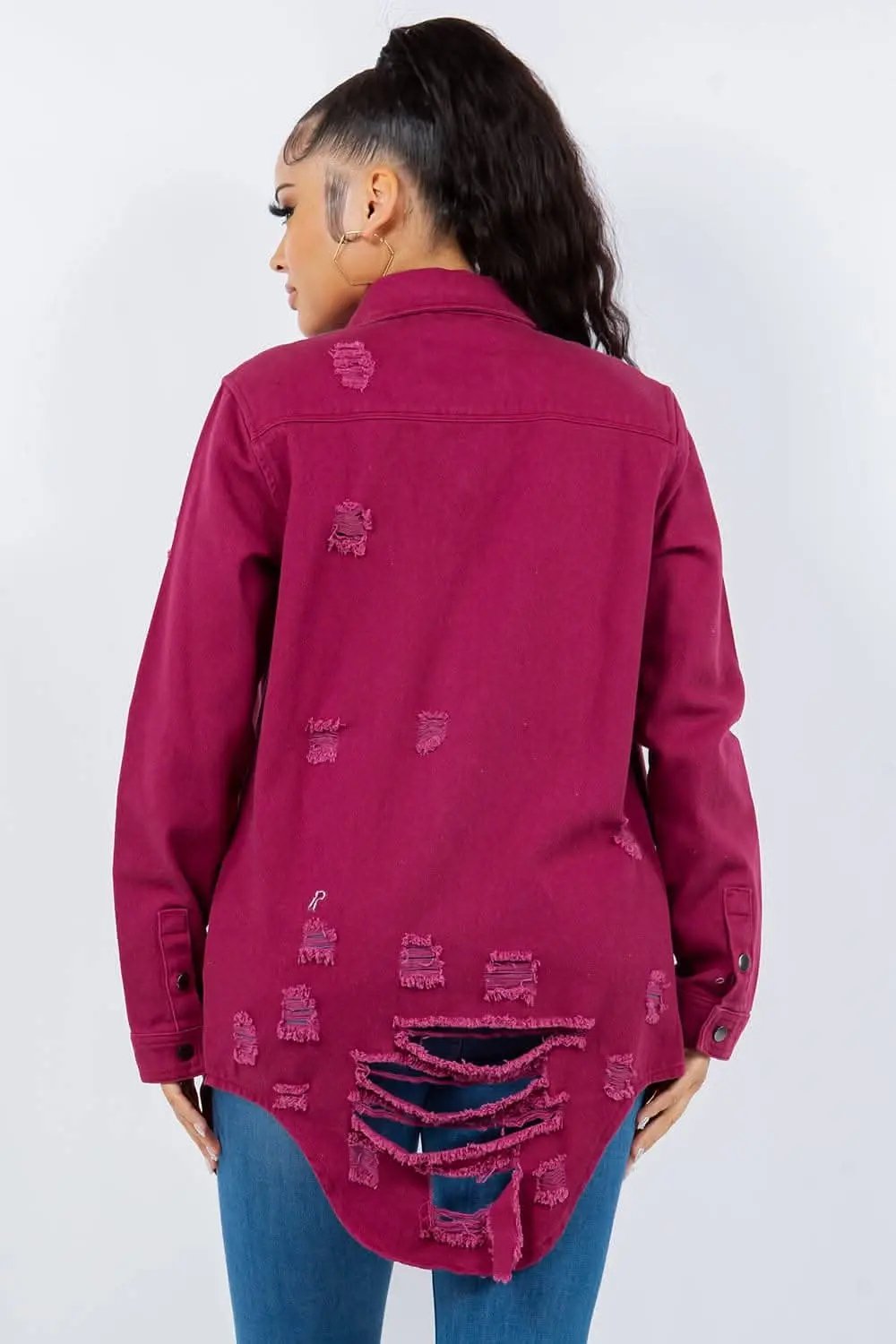Shirts Trendsi Distressed denim long sleeve jacket
