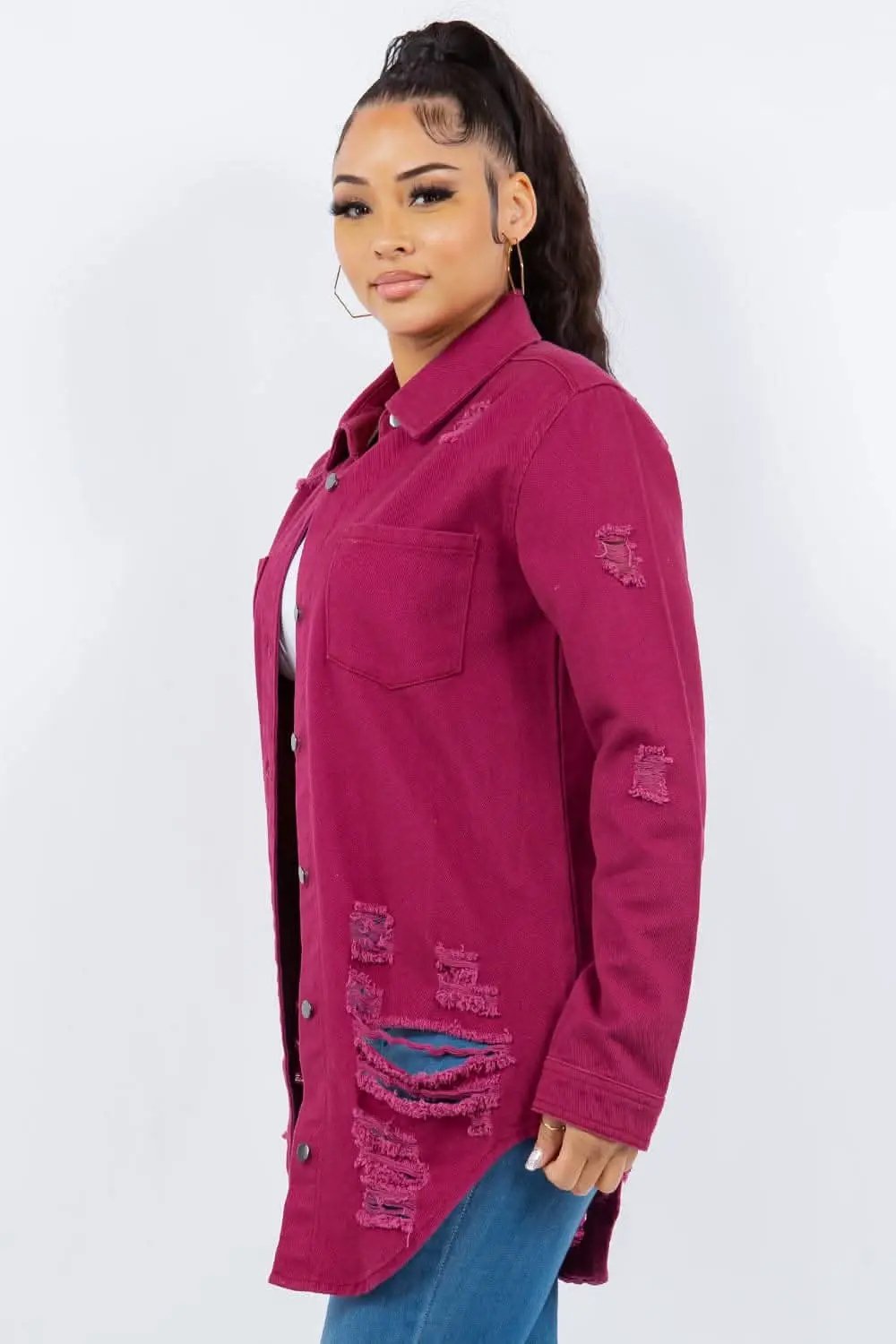 Shirts Trendsi Distressed denim long sleeve jacket