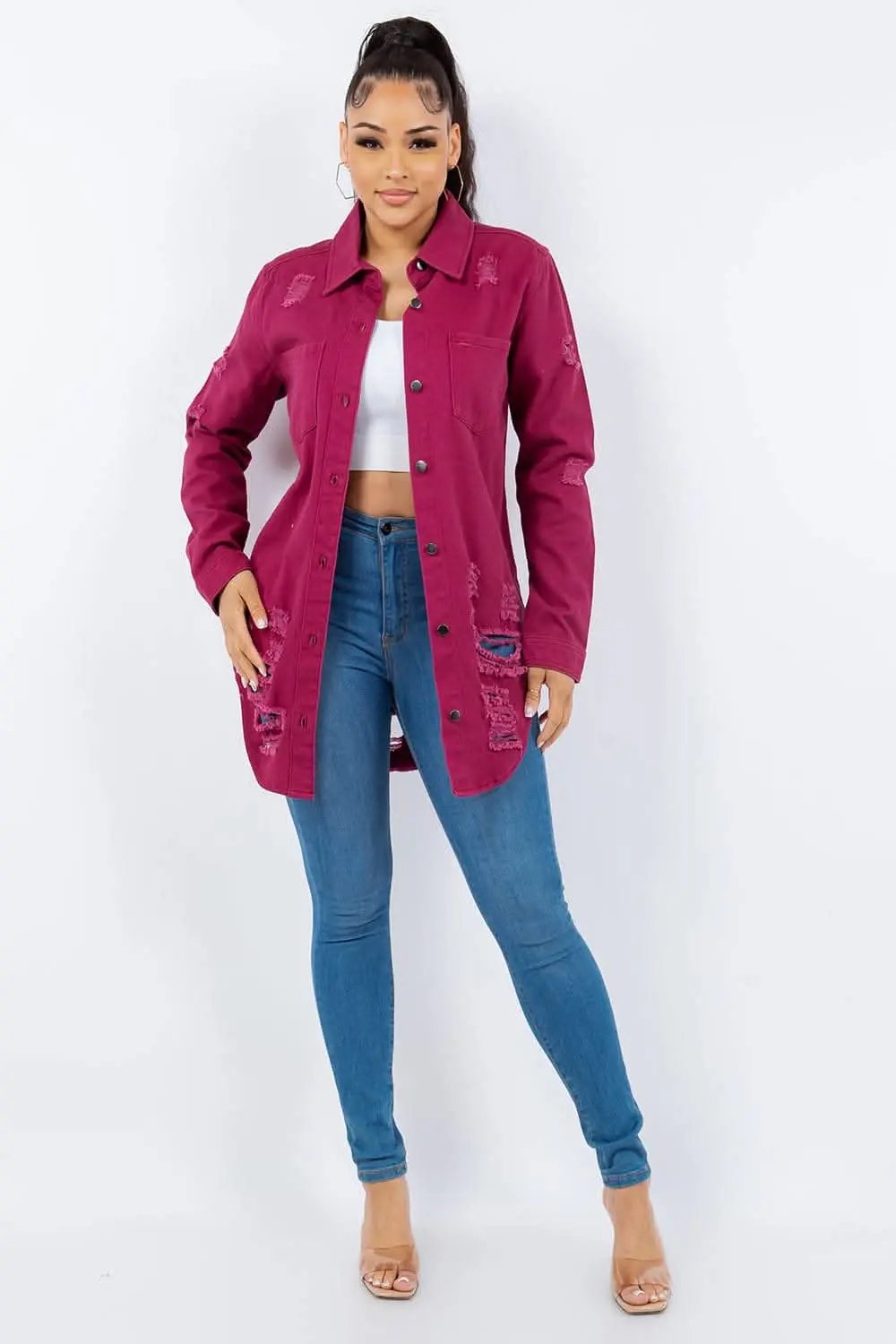 Shirts Trendsi Distressed denim long sleeve jacket