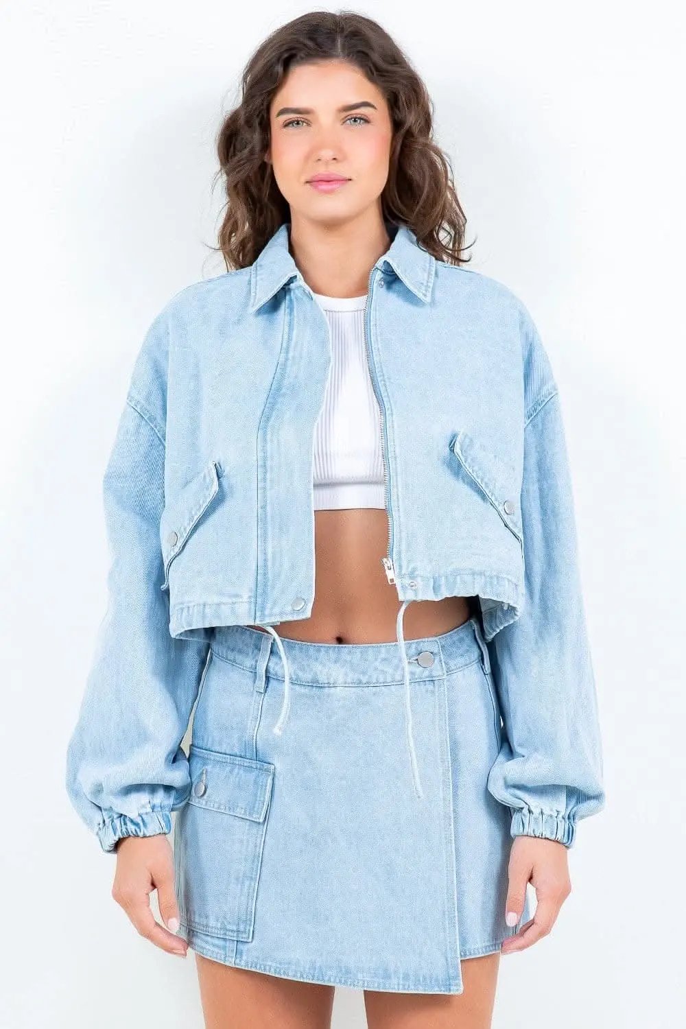 Jackets Trendsi Cropped denim jacket with drawstring