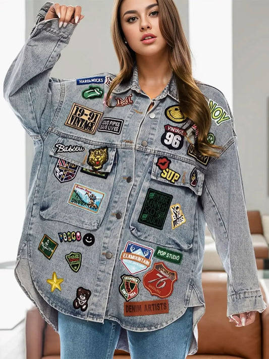 Chaquetas Trendsi Chaqueta de mezclilla bordada para mujer, chaqueta de jean elegante de manga larga - De moda