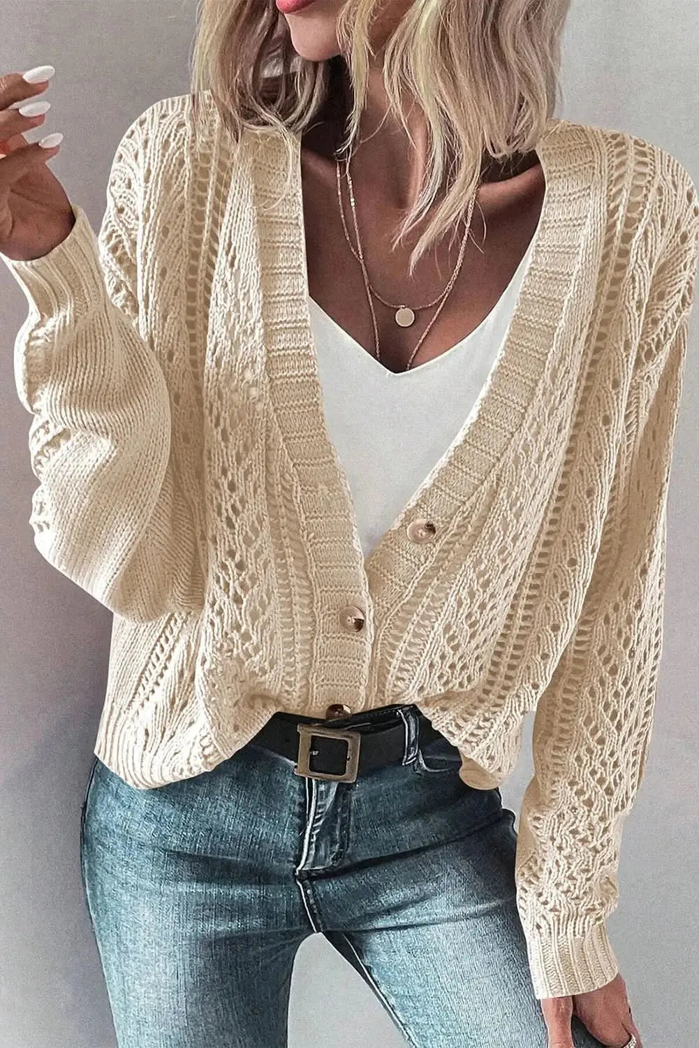 Cotton Blend Openwork Cardigan by Trendsi | Peacock Blue