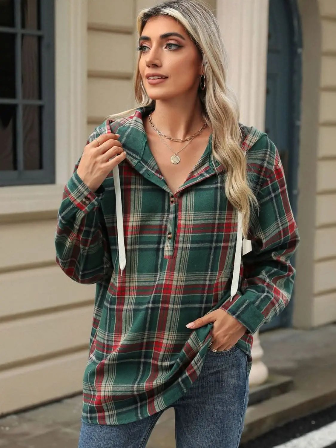 Shirts Trendsi Plaid Hooded Long Sleeve Shirt