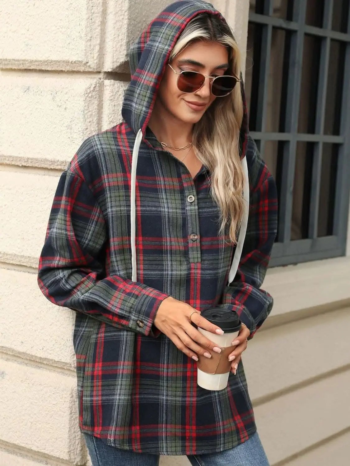 Shirts Trendsi Plaid Hooded Long Sleeve Shirt