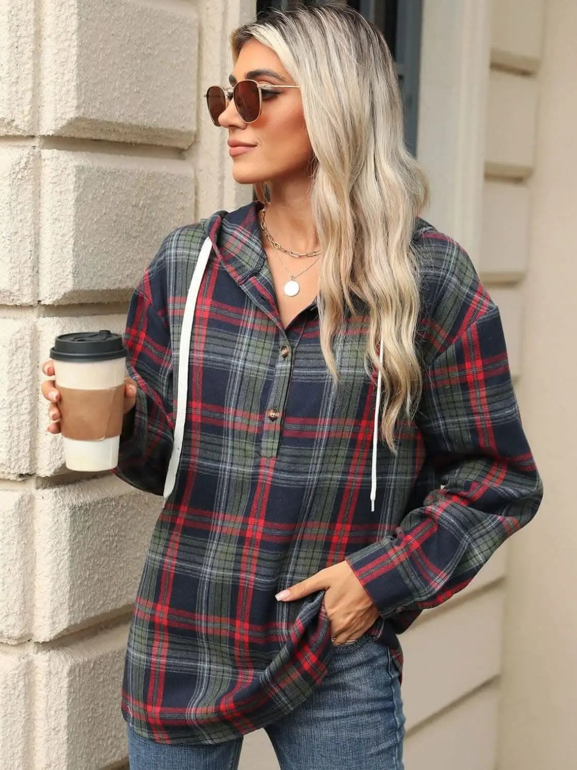 Shirts Trendsi Plaid Hooded Long Sleeve Shirt