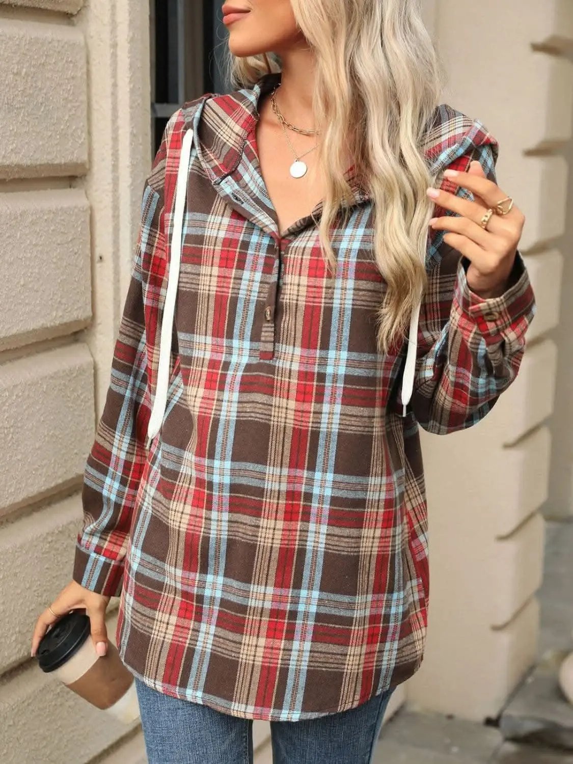 Shirts Trendsi Plaid Hooded Long Sleeve Shirt