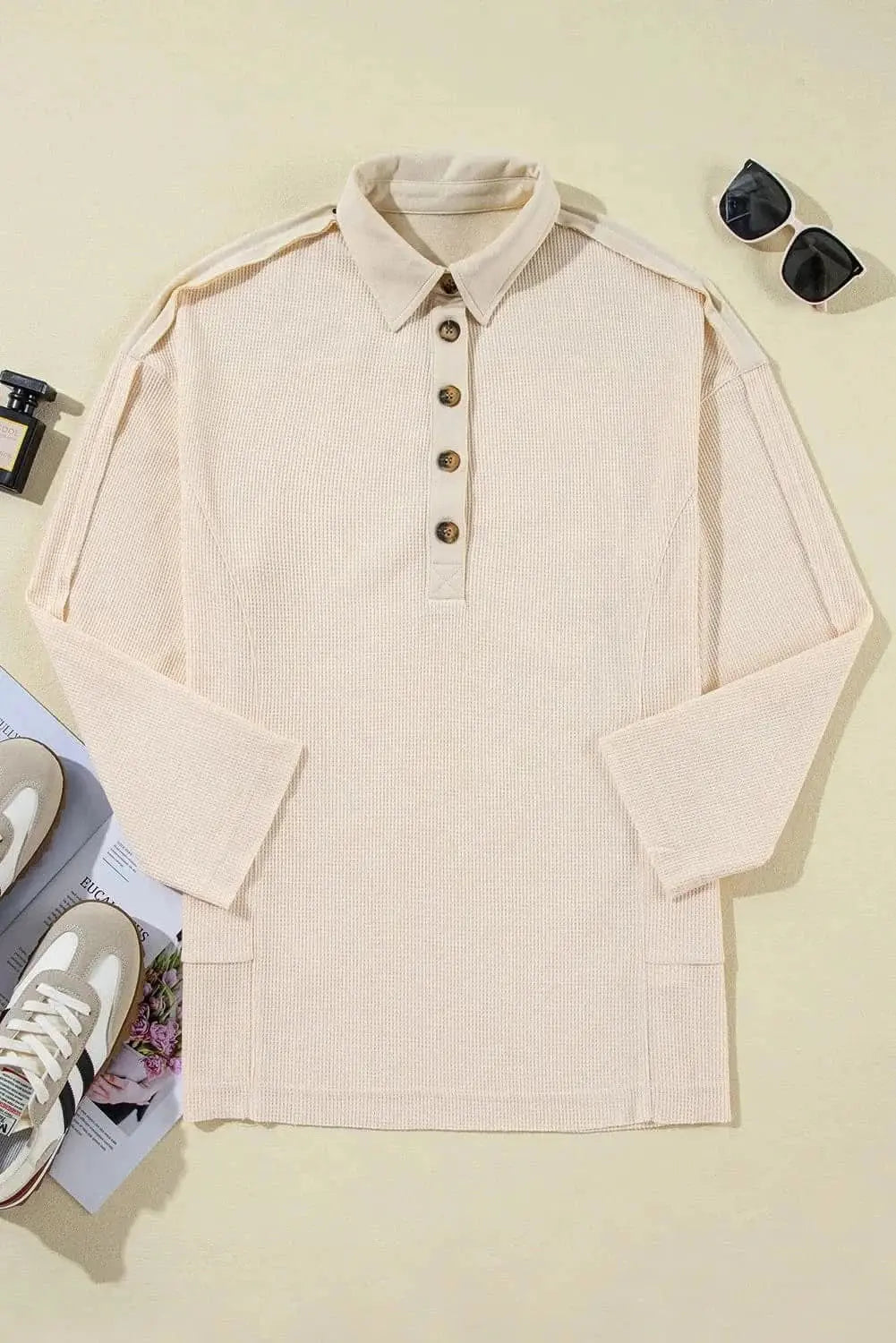 Trendsi Sheer Long Sleeve Blouse in Dusty Pink — Chic Buttoned Top