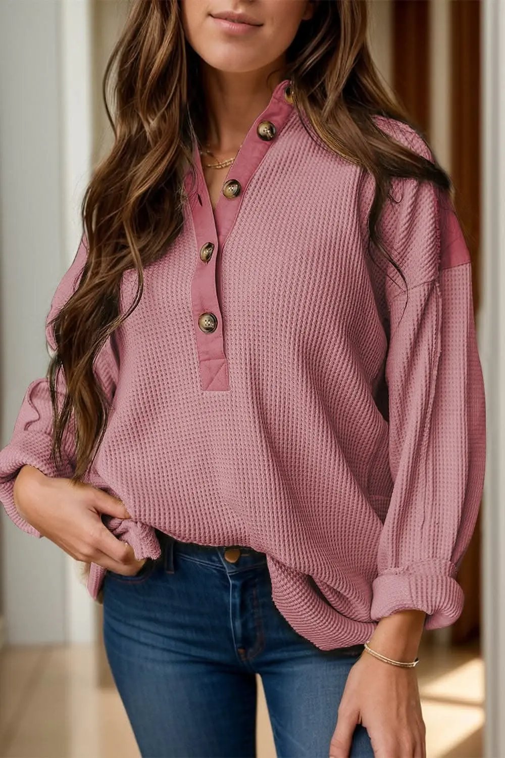 Trendsi Sheer Long Sleeve Blouse in Dusty Pink — Chic Buttoned Top