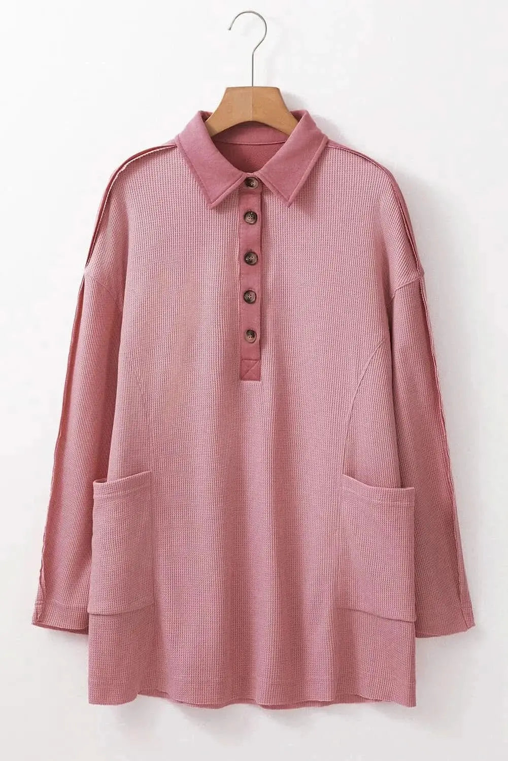 Trendsi Sheer Long Sleeve Blouse in Dusty Pink — Chic Buttoned Top