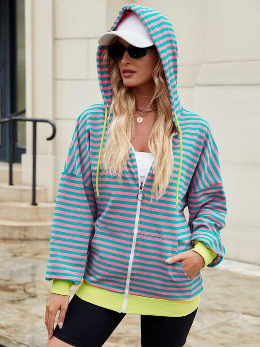 Chaquetas Trendsi Sudadera con capucha de rayas y cremallera para mujer, chaqueta cómoda y de moda