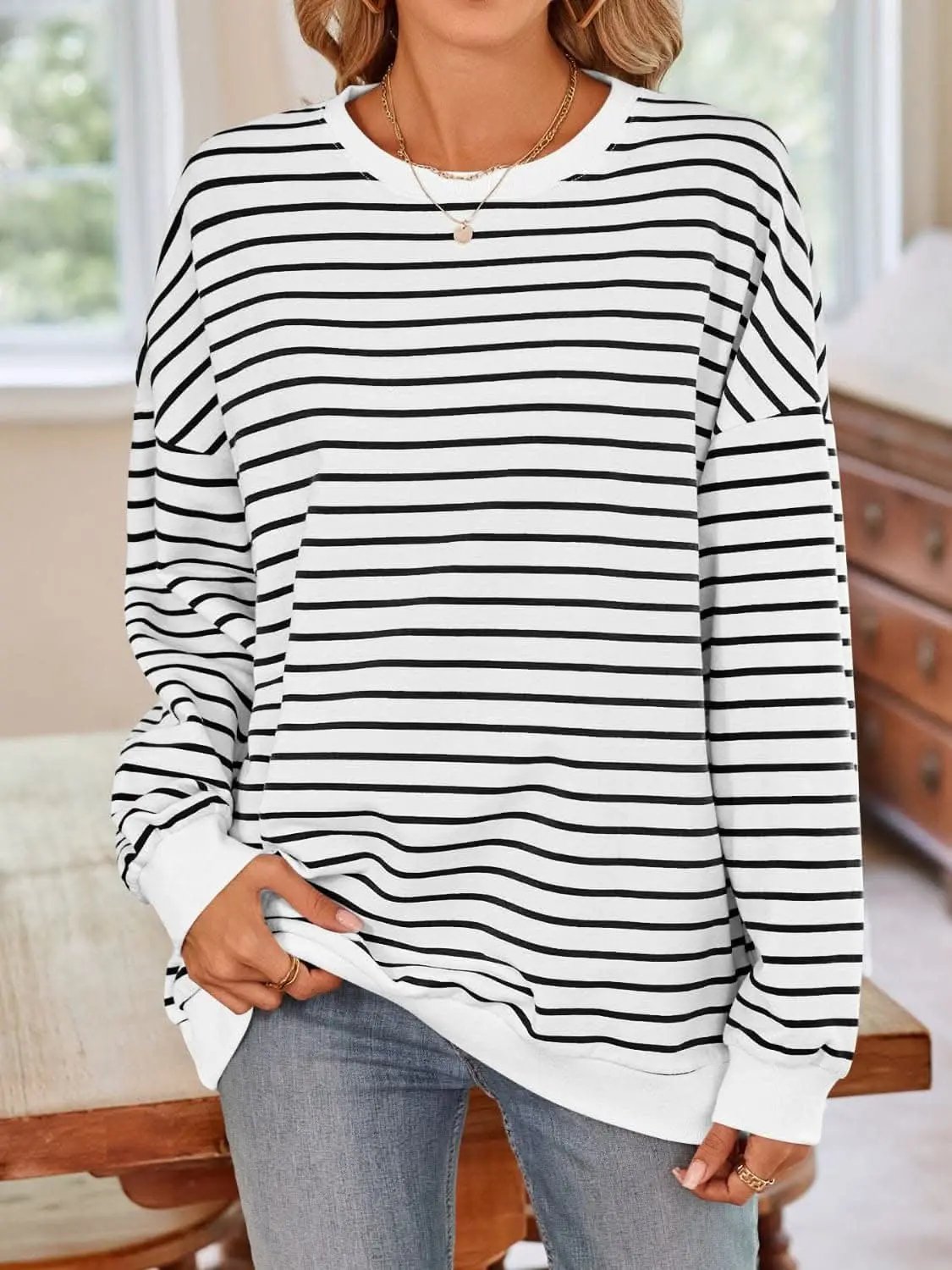 Sweatshirts & Hoodies Trendsi Cozy striped crewneck sweatshirt