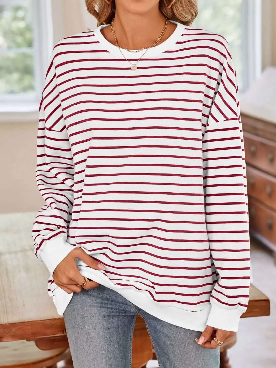 Sweatshirts & Hoodies Trendsi Cozy striped crewneck sweatshirt