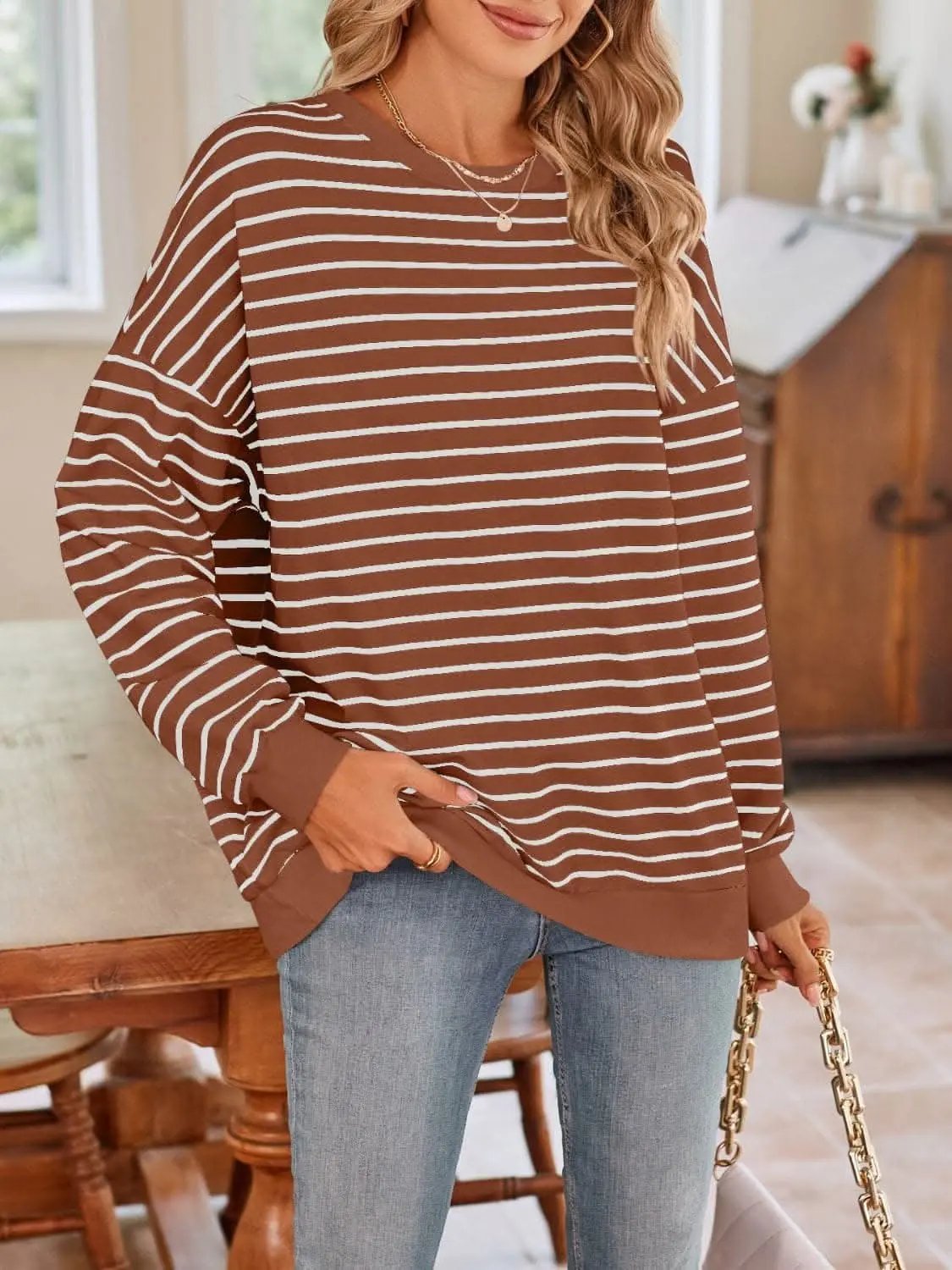 Sweatshirts & Hoodies Trendsi Cozy striped crewneck sweatshirt