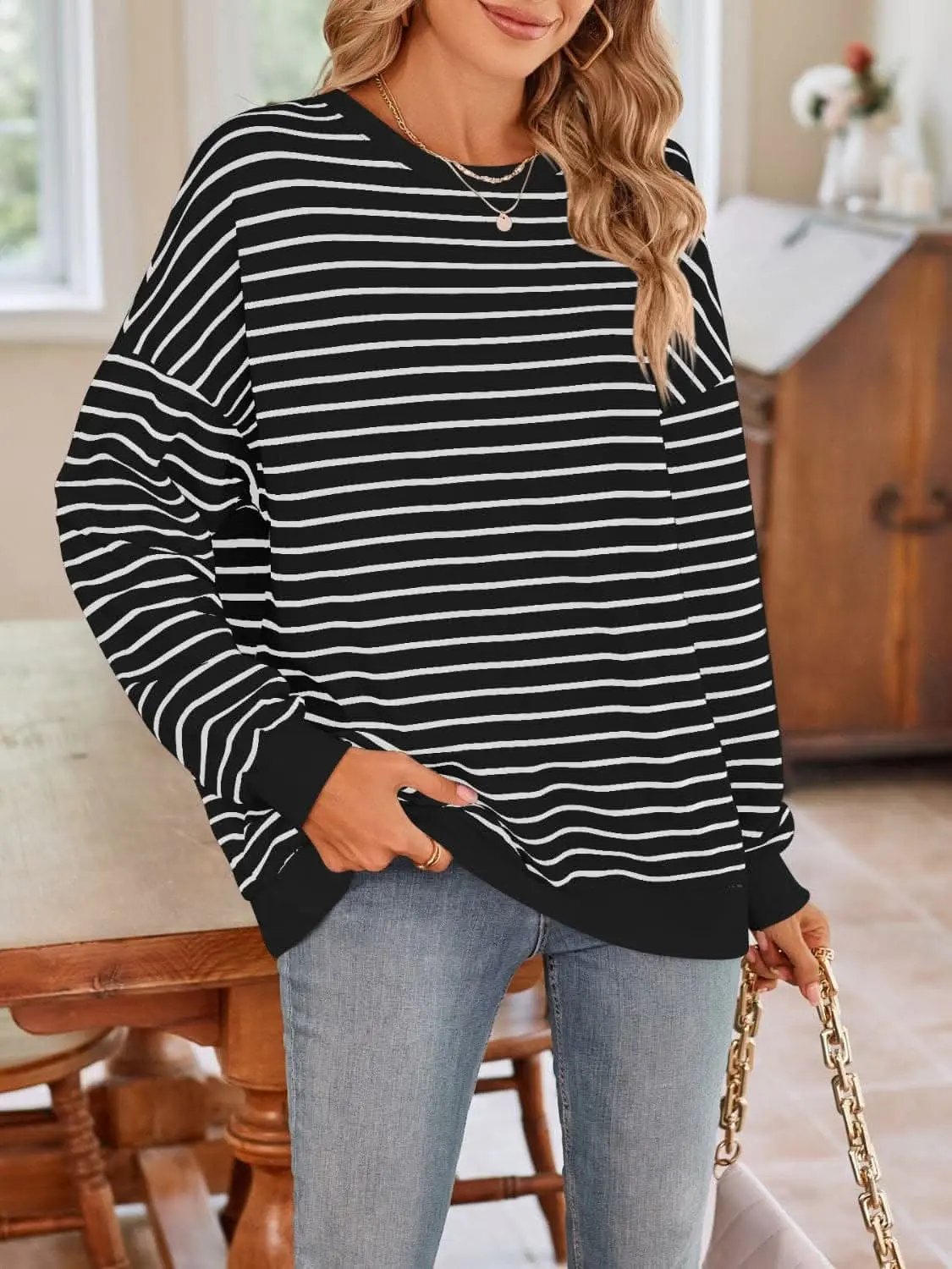 Sweatshirts & Hoodies Trendsi Cozy striped crewneck sweatshirt