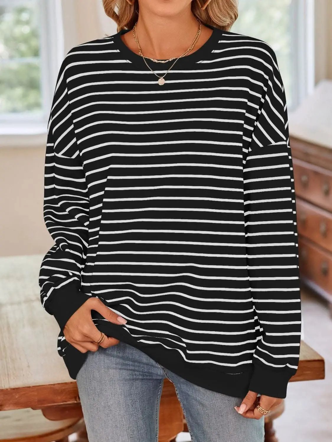 Sweatshirts & Hoodies Trendsi Cozy striped crewneck sweatshirt