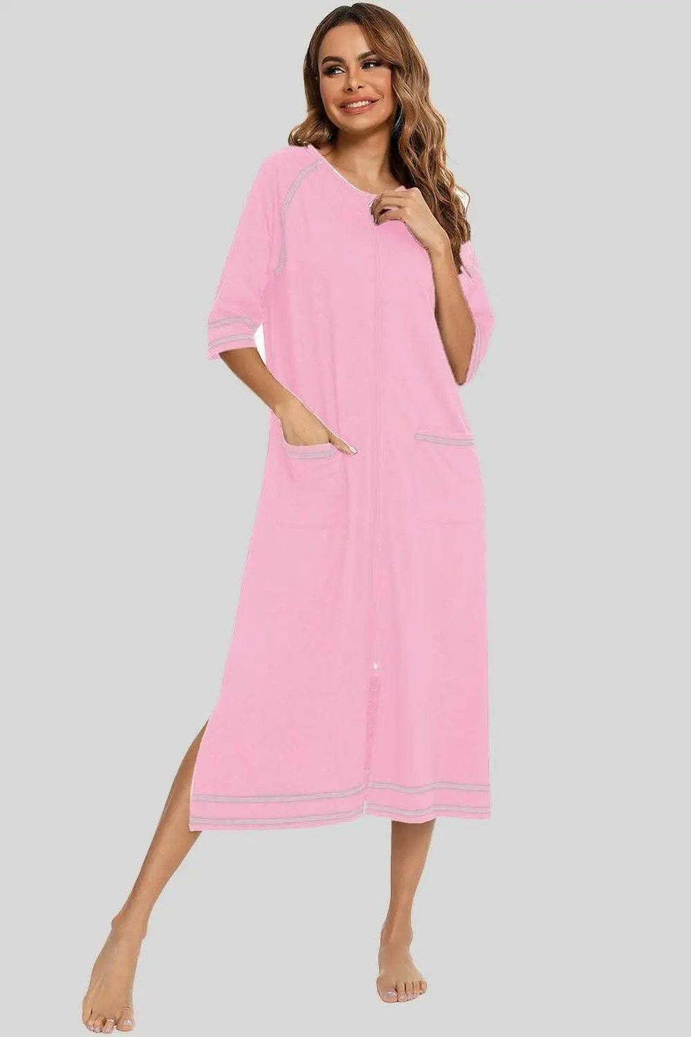 Elegant Zip Night Dress - With Pockets - Comfortable Style
